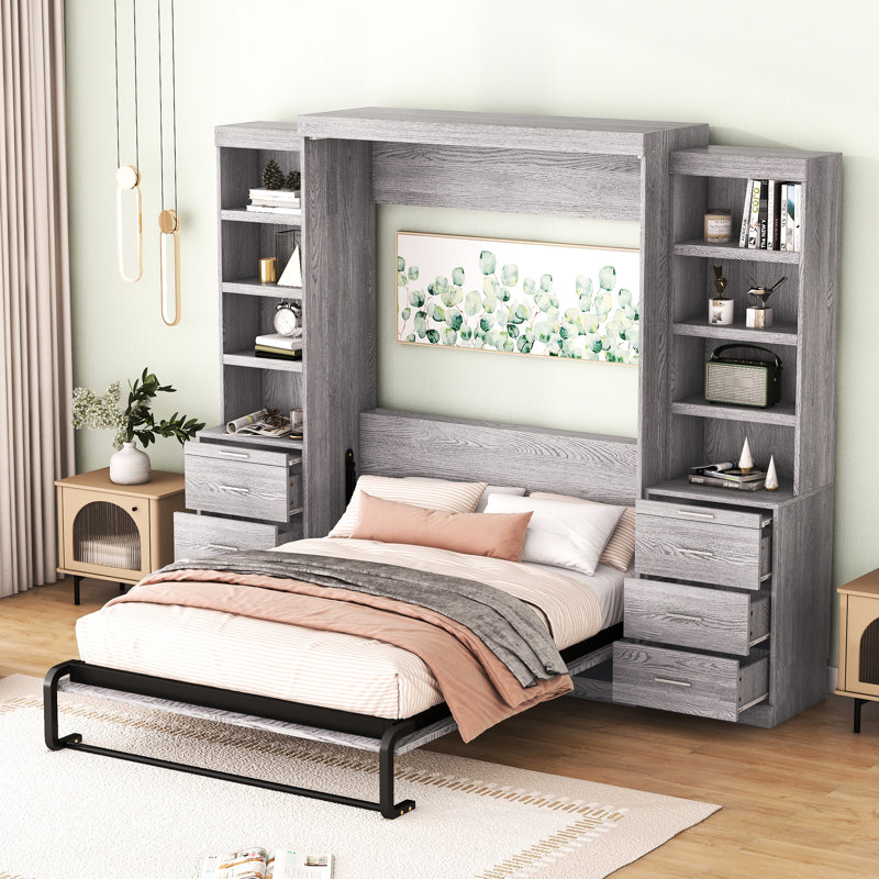 Lit double gris avec tablettes et tiroirs de rangement polyvalents - Stable et fonctionnel dans de nombreuses options de construction robuste et efficace