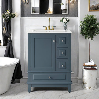 Meuble-lavabo de salle de bain avec comptoir en céramique, armoire encastrée et tiroirs
