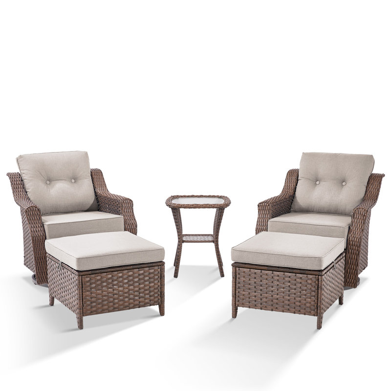 Elona 5 Piece Outdoor Wicker Swivel Glide Chair Set with Cushions, Beige