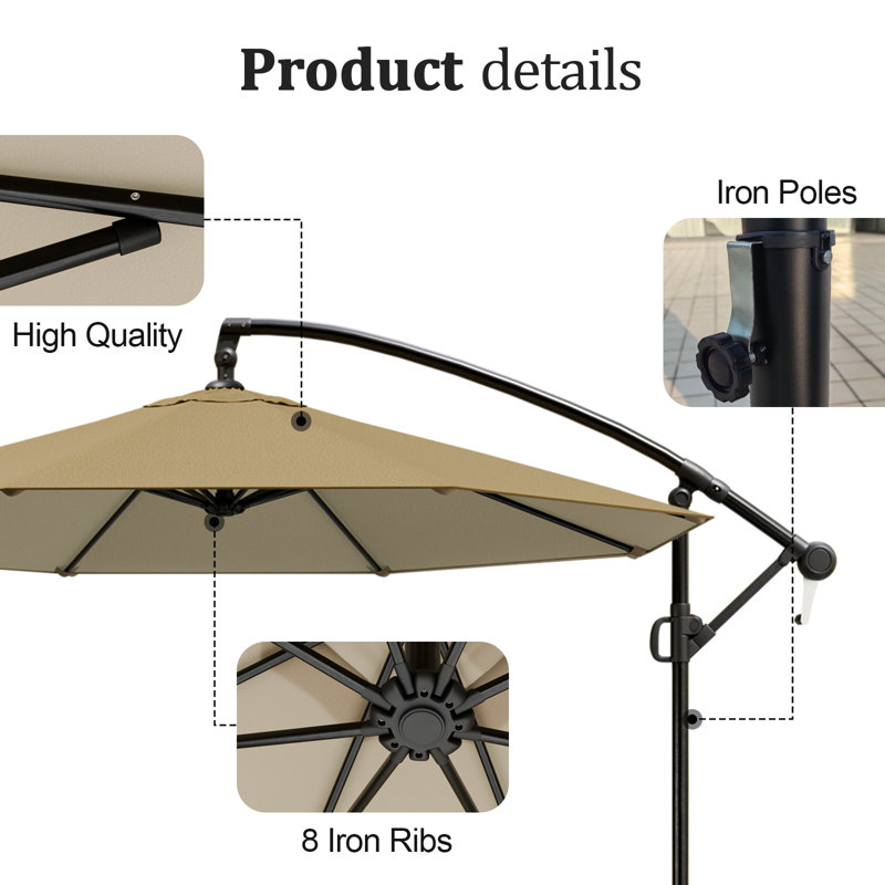 Parasol de patio en porte-à-faux rotatif à 360 ° avec auvent imperméable résistant aux rayons UV et cadre en fer robuste pour abat-jour de jardin, de piscine, de terrasse ou de cour