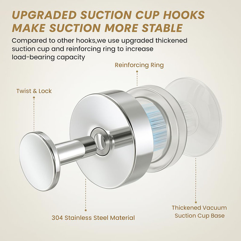 5Kg Strong Suction Cup Hooks, 304 Stainless Steel Bathroom Hooks With Vacuum Adsorption, No Drill Shower Hooks For Tile Glass Mirror, 4 Pack