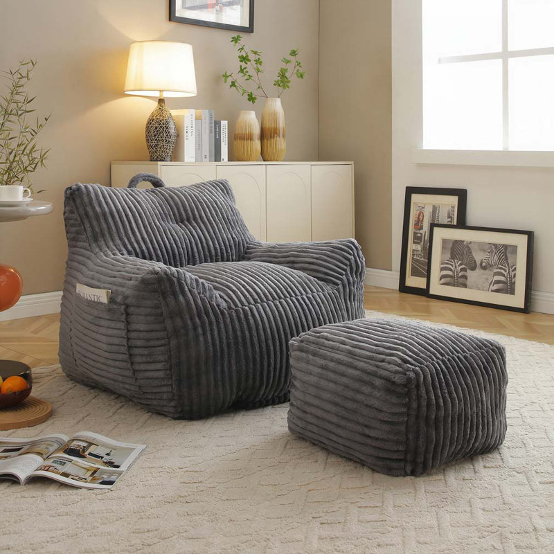 Fauteuil à billes avec repose-pieds Corduroy, Gris