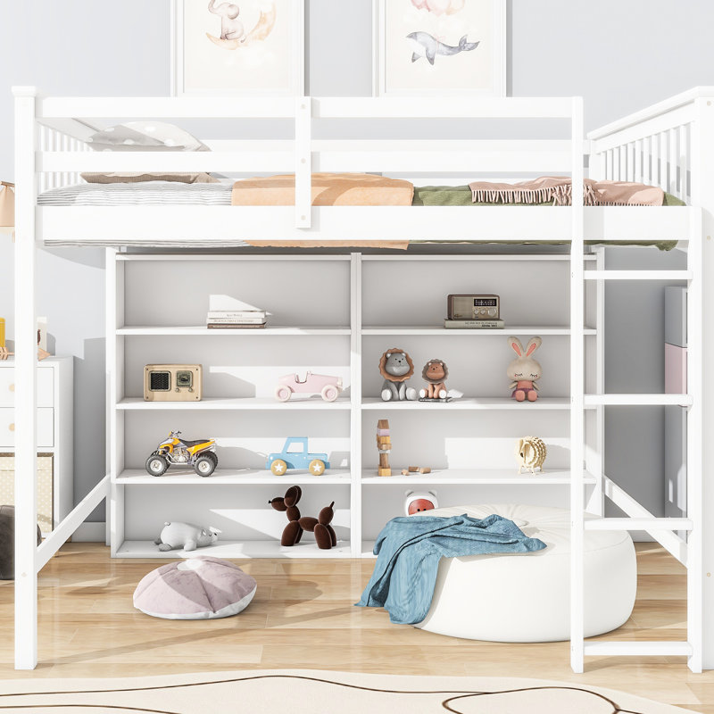 Lit mezzanine avec 8 grandes tablettes et une chambre à coucher intégrée, Blanc
