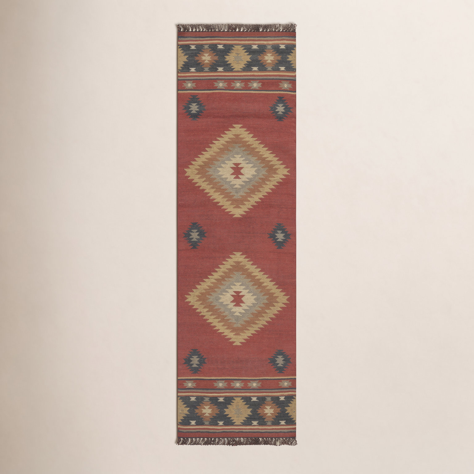 Mystica Dark Red Navy Hand-Woven Wool Rug, Runner 3' x 12'