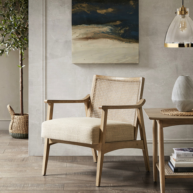 Chaise d'appoint Mid Century Cane, bois massif, assise rembourrée de mousse