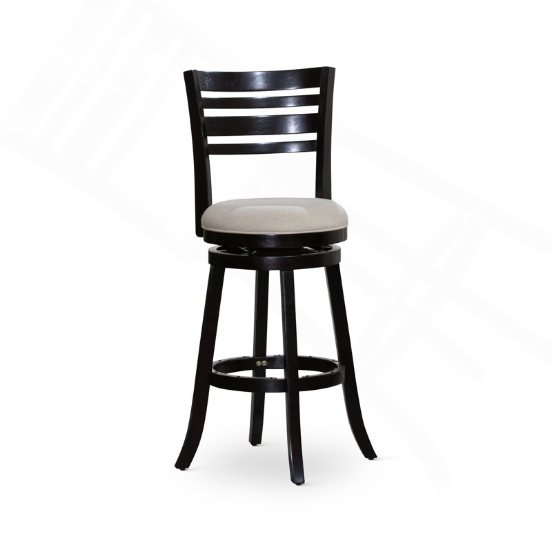 30" Bar Height Slat Back Swivel Stool, Espresso Finish, Beige Fabric Seat, Beige Seat/Black Frame