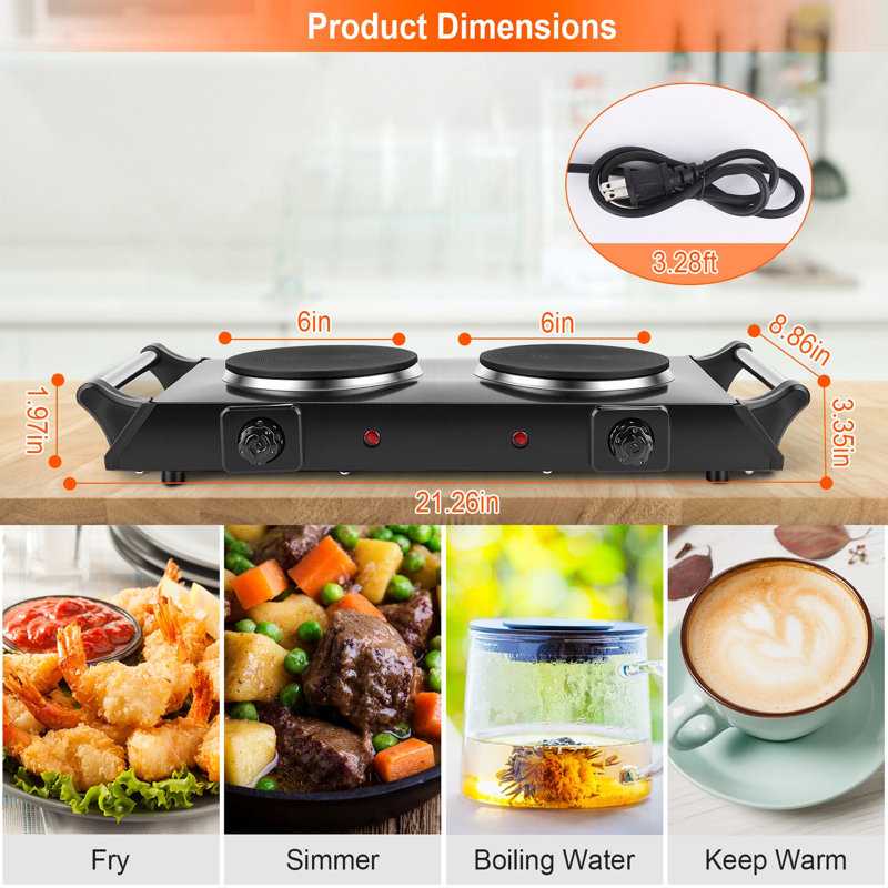Electric Double Burner Hot Plate, Infrared Fast Even Heating, Stepless Temperature Control, Compact Lightweight For Home Dorm Rv Camping