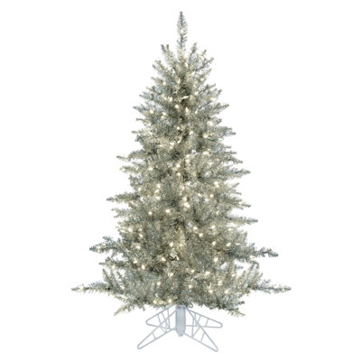 3' Silver Tinsel Fir Artificial Christmas Tree with 100 LED Clear/White Lights with Stand