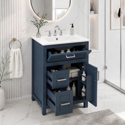 Compact Bathroom Vanity with Ceramic Sink, Solid Wood Frame, MDF Cabinet, and Multiple Storage Options for Small Spaces