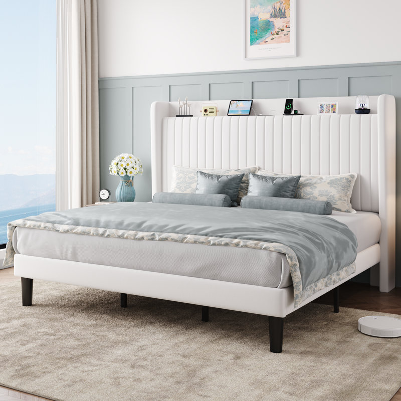 Chic Velvet Upholstered Platform Bed With Storage Shelf And Charging Station Wingback Headboard, Wooden Slats, White, King