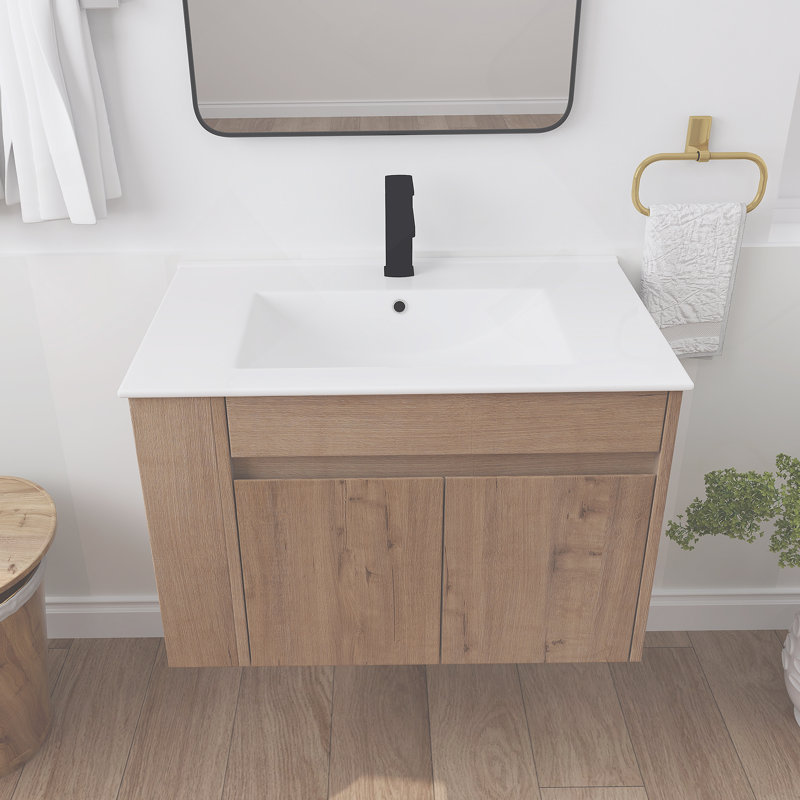 Meuble-lavabo de salle de bain avec lavabo en céramique blanc et tablette ajustable, Blanc