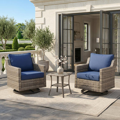 3 Pieces Outdoor Furniture Sets, Gray Wicker Patio Conversation Set with 360° Swivel Rocking Chairs and Glass-Top Side Table, Patio Bistro Set with Thick Blue Cushions for Garden, Porch, Poolside