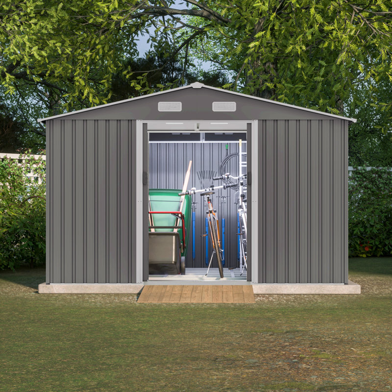 10X8 Ft Outdoor Tool Storage Shed With Metal Foundation & Lockable Doors,  All Weather Metal Sheds For Garden, Patio, Backyard, Lawn, Gray