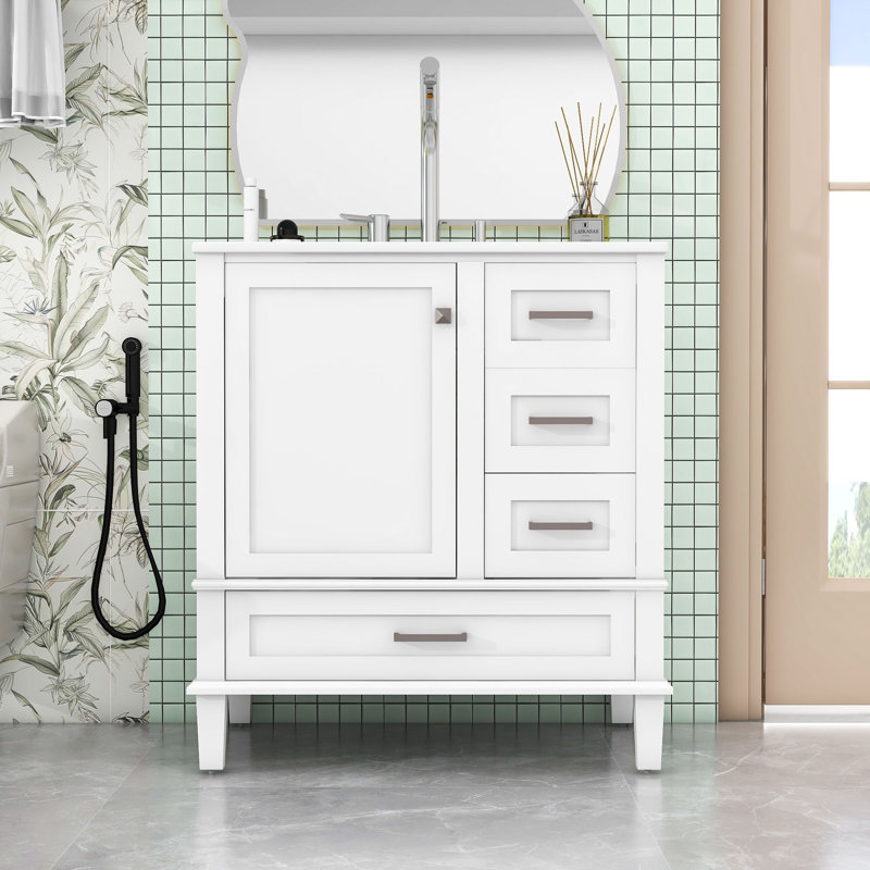 Meuble-lavabo simple autoportant en bois moderne Mateer avec grand rangement et lavabo en céramique, Blanc