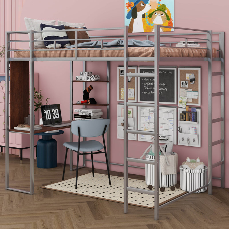 Lit mezzanine en métal avec 2 tablettes et un bureau, Twin, Argent