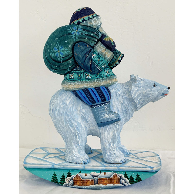Masterpiece Wood Carved Polar Bear Santa Figurine