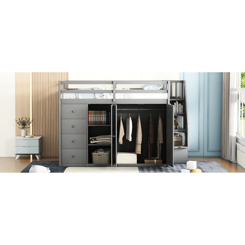 Lit mezzanine de couleur grise avec rangement suffisant pour votre garde-robe: armoires, tiroirs et unités encastrées