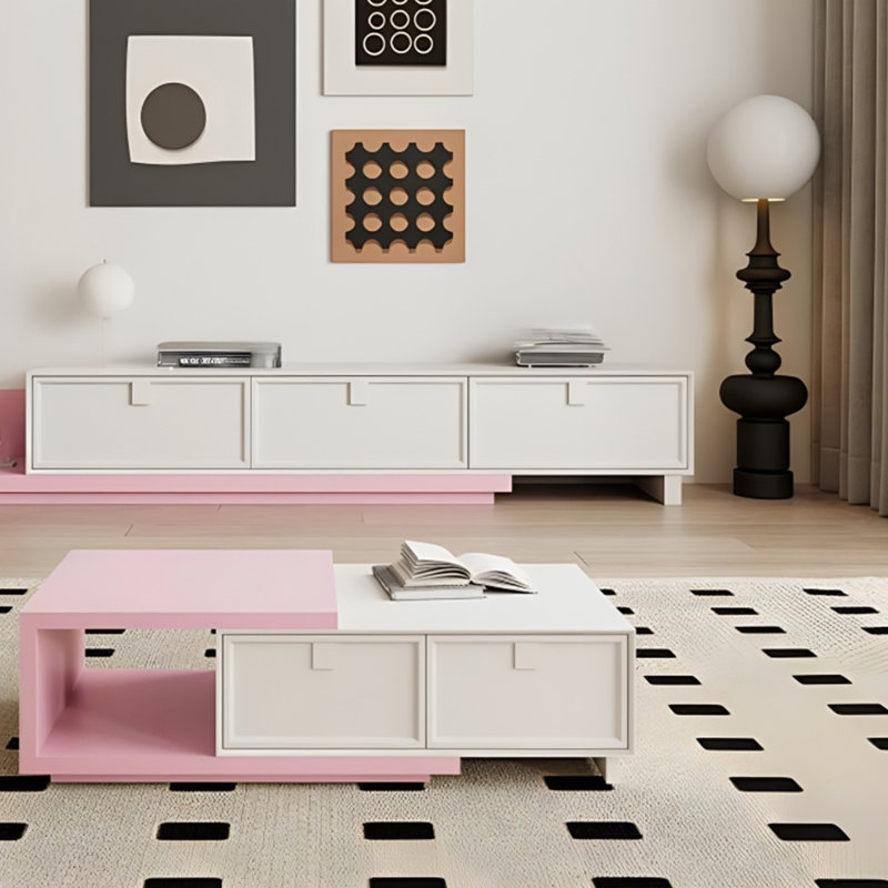 Ensemble de meuble télé et table basse extensible en bois massif, Crème et rose