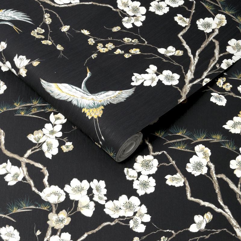 Kabuki Floral Vinyl Wallpaper Roll, Black