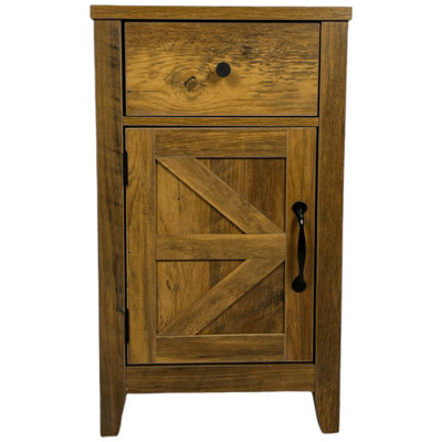 Antique Brown Bedside Table, With Charging Options, Spacious Drawer And Barn Door For Bedroom Living End Table Function. Ample Storage & Door. Particleboard. Straightforward Cleaning Assembly Process