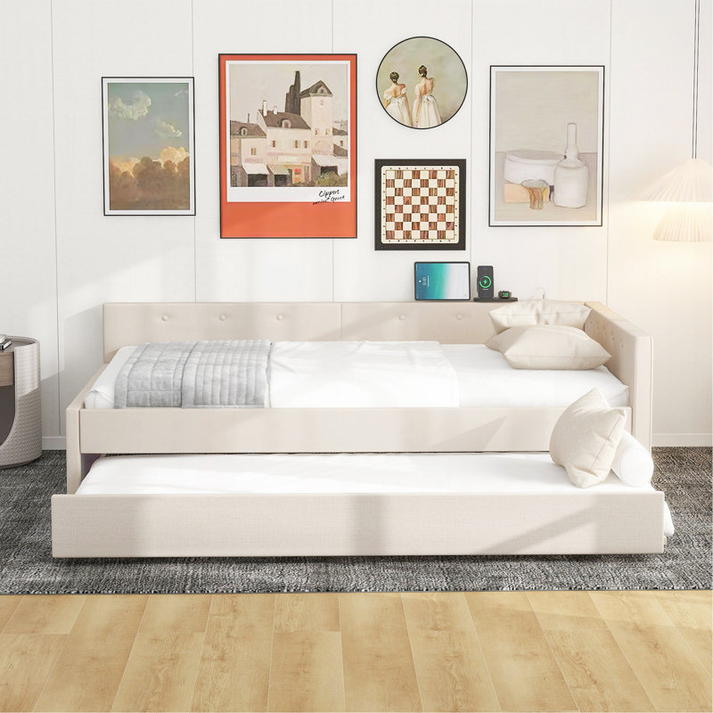 Lit plateforme double tapissier avec lit gigogne simple et USB, Lit double