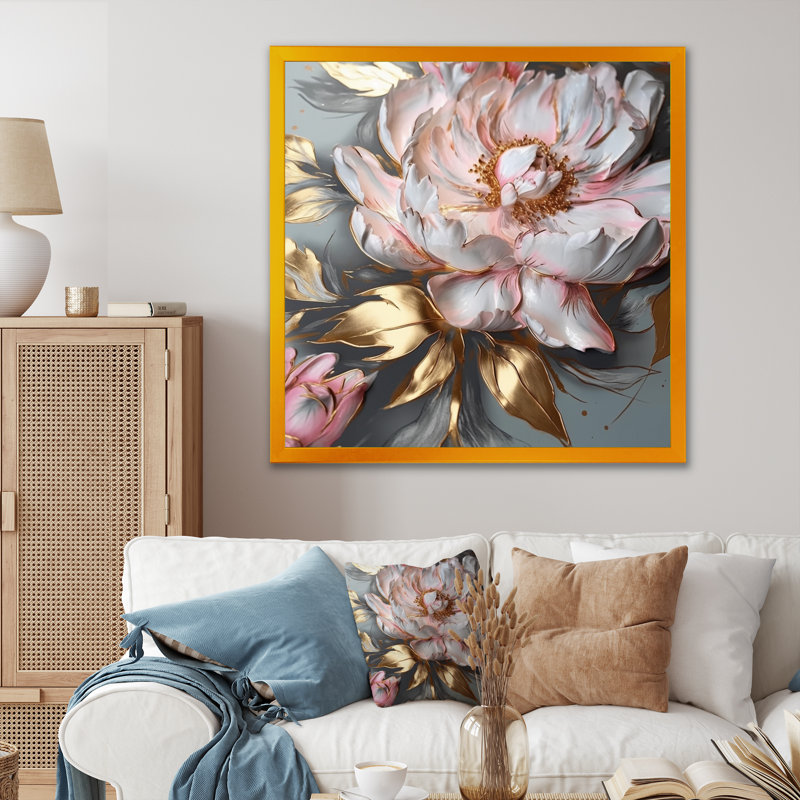 Pivoines roses et grises élégance IV - impression, H 16 po x l 16 po x P 1 po, Encadrement doré