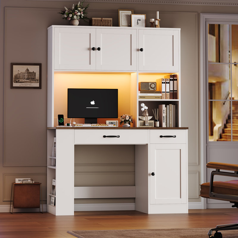 47.2”W * 70.9”H Smart Desk with Hutch, Computer Desk with Charging Station, 16-Color LED Lights, Magazine Rack & Adjustable Shelves, Home Office Writing Table for Work/Gaming