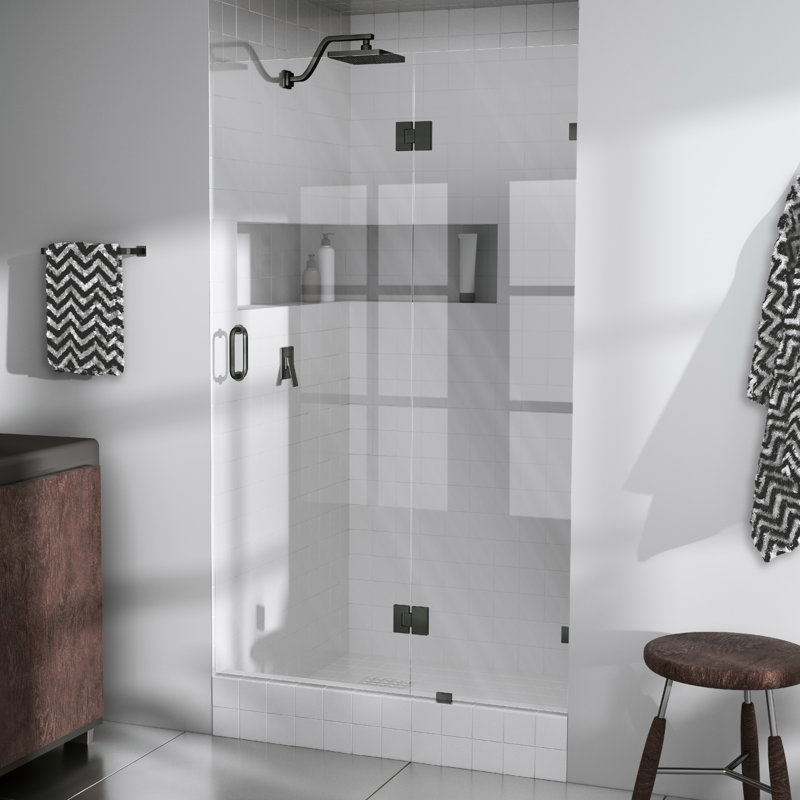 Porte de douche à charnière en verre sans cadre 43,75 po x 78 po Halo, Nickel poli