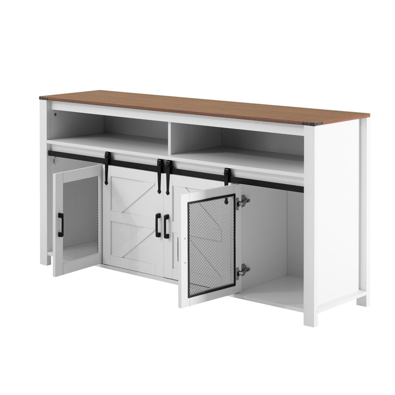 Buffet 59,3 po avec porte de grange coulissante et panneaux grillagés, Blanc