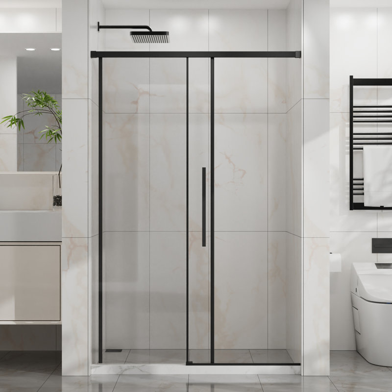 48" - 72" Semi- Shower Door, 1/4" Thick Tempered Glass With -Proof Coating, Matte Black Stainless Steel, Reversible Left Or Right Opening, Waterproof Splash Design, Smooth Rollers For Operation In