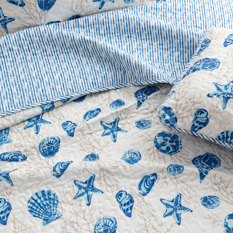 Twin Blue Shells Reversible Microfiber Coastal Quilt Set