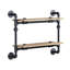 Étagère murale à 2 niveaux, chêne, noir sablé, tube de métal, conception de conduite d'eau, tablette, espace, style de rangement de décoration intérieure, finition chêne, cadre, espace, bureau élégant