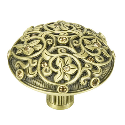 KNOB; DECORATED WITH SWAROVSKI® LT. COLORADO TOPAZ CRYSTAL; BURNISH BRASS
