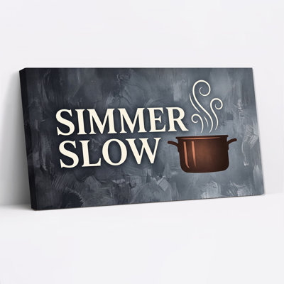 Simmer Slow Text and Copper Pot with Steam on Dark Grey Canvas Wall Art