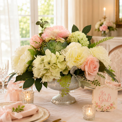 Faux Silk Hydrangea Arrangement in Vase