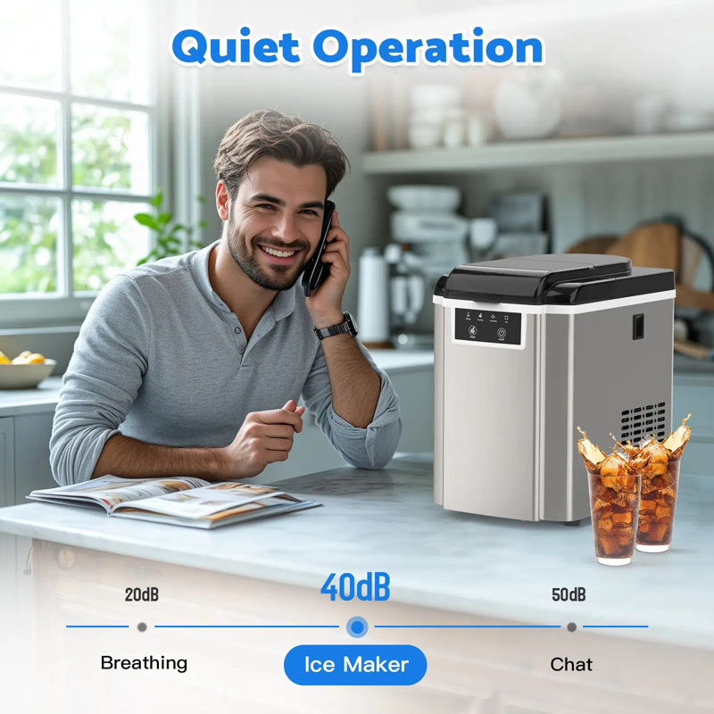 Countertop Ice Makers Machine With Basket And Scoop, 38lbs/24h Soft Chewable Pellet Ice, One-click Operation, Nugget Ice Maker For Home, Kitchen, Camping, Rv, Office And Party, Silver