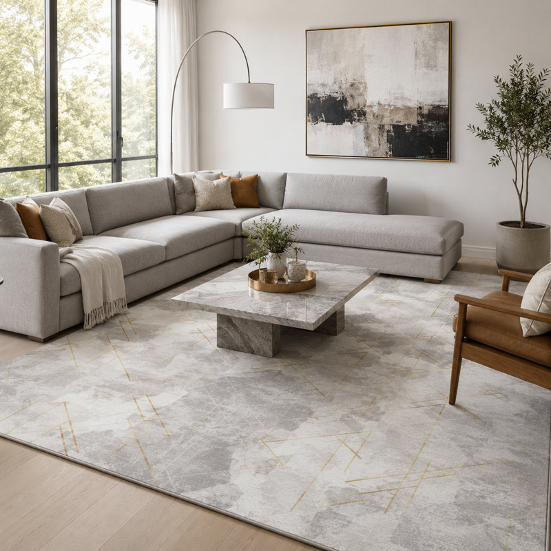 Modern Geometric Area Rug with Gold Accents, Grey Distressed Carpet, Non-Slip Stain-Resistant Durable Rug for Entryway, Living Room, Bedroom, Dining Room