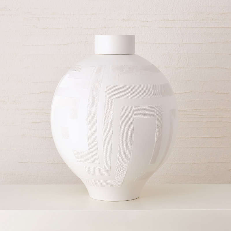 Matte White Ceramic Lidded Jar with Geometric Pattern