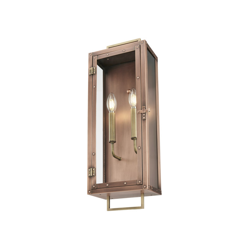 24 in. 2-Light Antique Copper With Brass accents Outdoor Wall Lantern With Clear Glass Panes