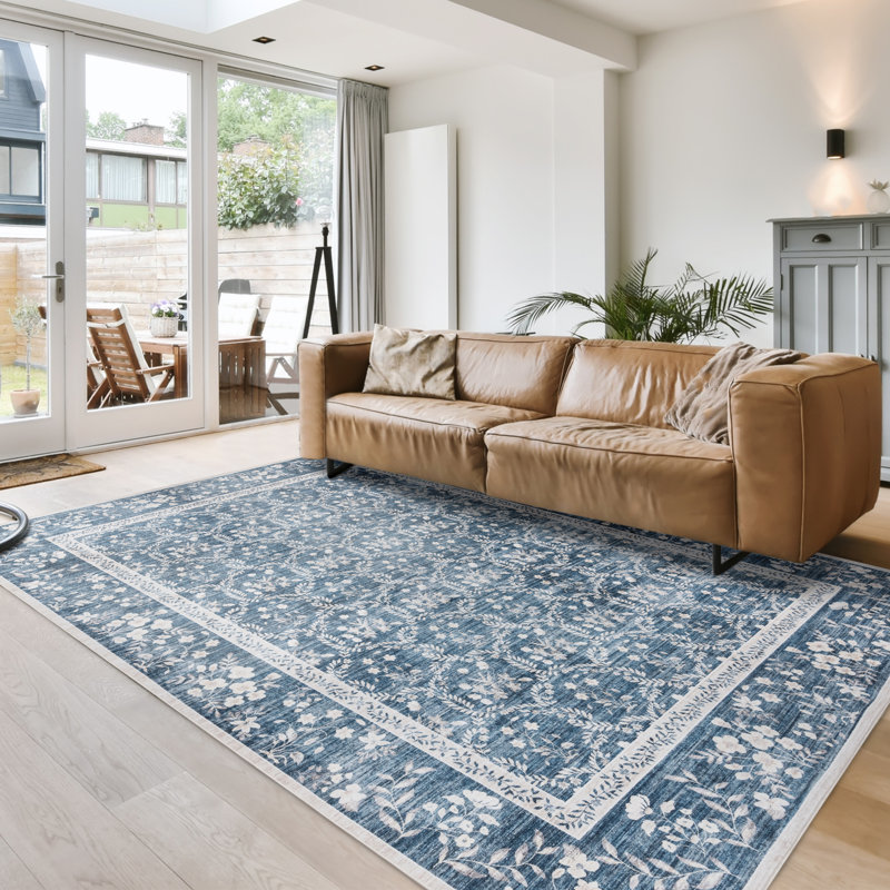 Rayna Vela Navy Blue Ivory Gray Machine Washable Transitional Leaf Floral Border Indoor Area Rug, Flat Pile for Living Room & Bedroom - Navy, 3x5