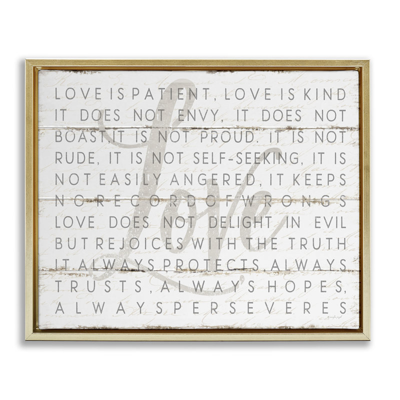 Love Is Patient on White Planked Look, 31" H x 25" W, Metallic Gold Floater Frame
