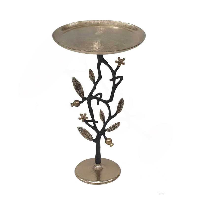 13.8X13.8X24" Black And Gold Aluminum Side Table With Delicate Pomegranate Design