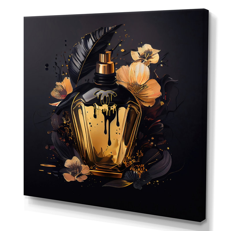 «Chic Black and Gold Perfume Bottle IX», impression sur toile, H 24 po x l 24 po x P 1 po, Toile tendue