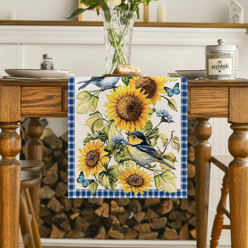Chemin de table Spring avec carreaux Buffalo, oiseaux, papillons et tournesols - multicolore, Bleu, L 7,4 po x l 9,3 po