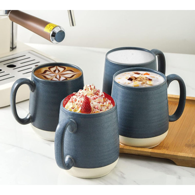 Dark Blue Ceramic Large Coffee Mugs Set with White Bottom