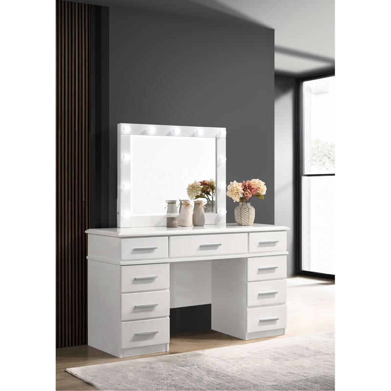 Glossy White 9-Drawer Vanity Desk
