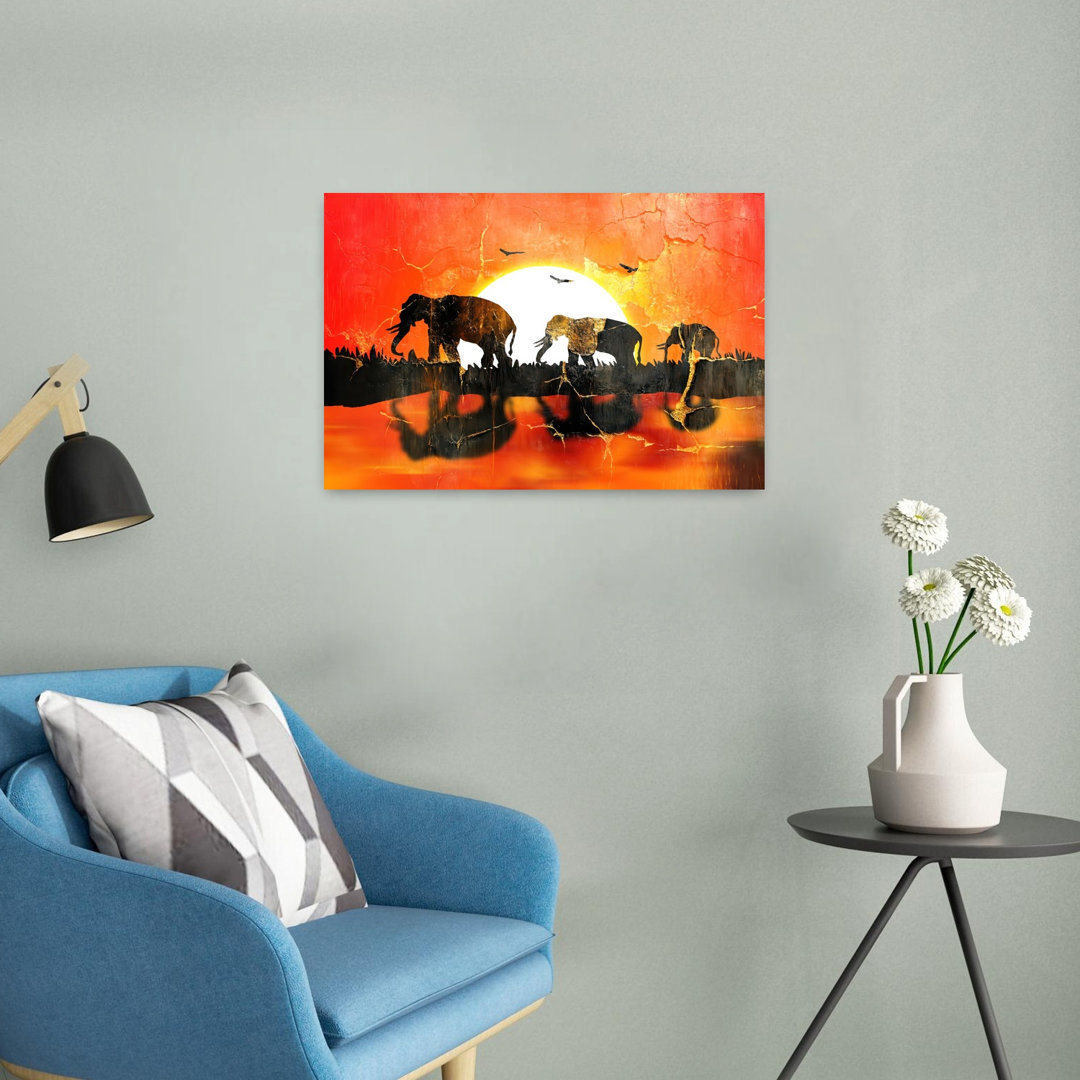 African Sunset Elephants Serene Tranquil Abstract Bird Elephant Landscape Nature Wall Art Print