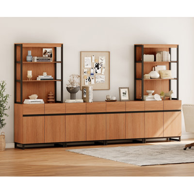 Modern 72" Tall Bookcases With 8 Doors And Adjustable Shelves, Library Book Shelf With Storage Cabinet And Open Book Shelfs, Wood Bookshelves For Home Office, Living Room