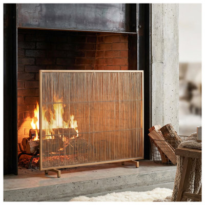 Willow 1-Panel Iron Fireplace Screen, 39" W x 30" H, Golden Finish