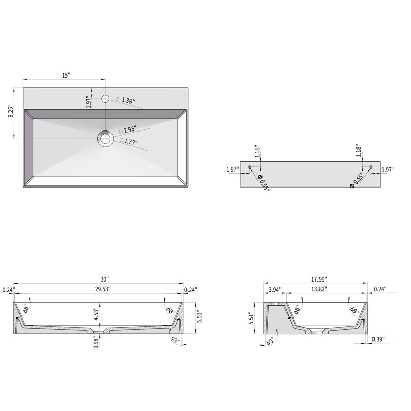 30" X 18" Wall Mounted Solid Surface Matte White Bathroom Sink - Spacious And Modern Design Pool Stylish